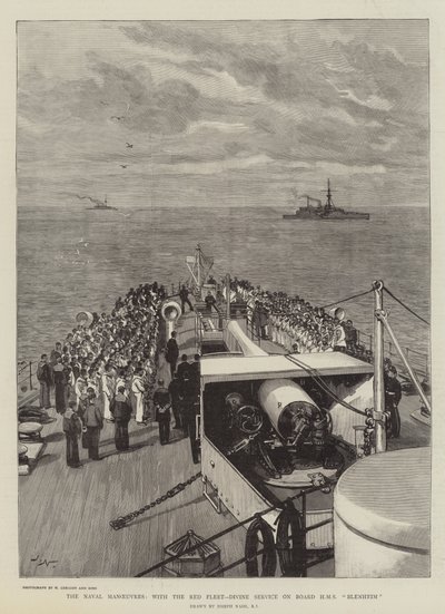 Die Marine-Manöver, mit der Roten Flotte, Gottesdienst an Bord der HMS Blenheim von Joseph Nash